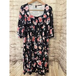 Blogger Love Nap Dress Womens Large Black Floral Midi Half Sleeve Stretch Flowy